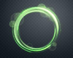 Green magic ring with glowing. Neon realistic energy flare halo ring. Abstract light effect on a dark background. Vector illustration.