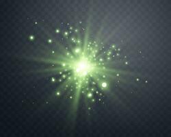 Green sunlight lens flare, sun flash with rays and spotlight. Glowing burst explosion. Vector illustration.