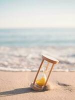 Hourglass on the beach in the sunset time. The concept about countdown to Summer, Travel, Vacation and Relaxation. photo