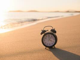 Black alarm clock on the beach in the sunset time. The concept about Time to summer, Travel, Vacation and Relaxation photo