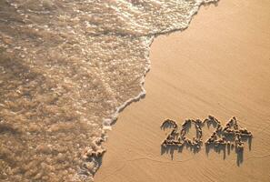 2024 año escrito en el playa en el puesta de sol tiempo. nuevo año 2024 concepto foto