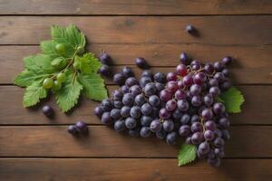 AI generated Bunch of fresh grapes on wooden table. Vintage style toned picture. ai generative photo