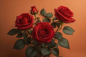 AI generated Red roses with green leaves. ai generative photo