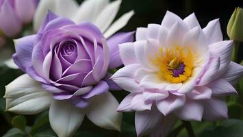 AI generated Purple and white lotus flowers on black background, generative ai photo