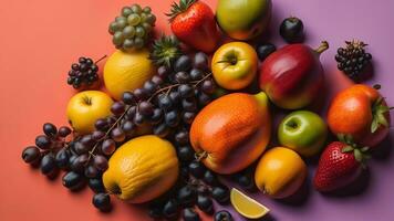 AI generated Fruits on a colored background. A variety of fruits on a colored background. generative ai photo