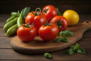 AI generated Tomatoes on a wooden table on a dark background. ai generative photo