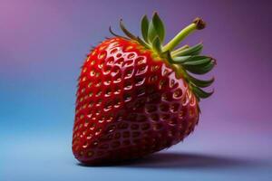 AI generated Strawberry with green leaves on a purple-blue background. ai generated photo