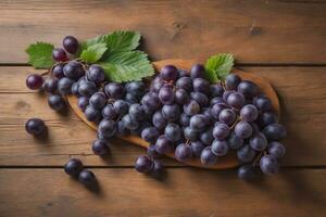 AI generated Bunch of fresh grapes on wooden table. Vintage style toned picture. ai generative photo