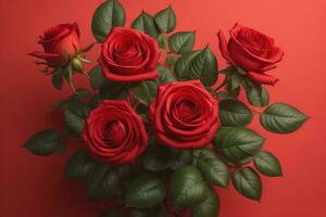 AI generated Red roses with green leaves.  photo