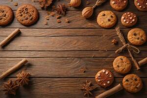 AI generated biscuits chip cookies on wooden background. photo