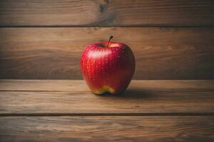 AI generated Red apple on a wooden background. photo