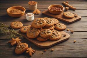 AI generated biscuits chip cookies on wooden background. photo