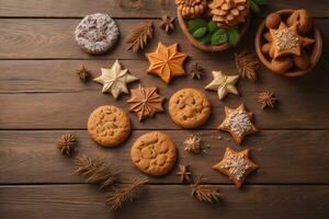 AI generated biscuits chip cookies on wooden background. photo
