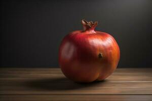 AI generated Red pomegranate fruit on a wooden background.  photo