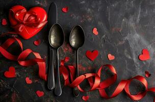 ai generado un tenedor y cuchara rodeado por rojo cintas y corazones foto