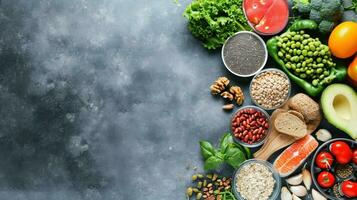 AI generated healthy food store advertisment background with copy space photo