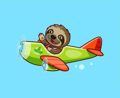 Cartoon cute sloth animal character on plane vector
