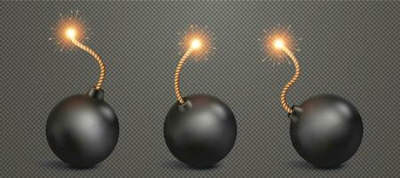 Realistic ball bomb with burning wick fuse vector