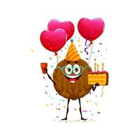Cartoon walnut nut character celebrates birthday vector