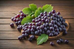 AI generated Bunch of fresh grapes on wooden table. Vintage style toned picture. photo