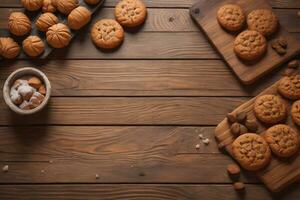 AI generated biscuits chip cookies on wooden background. photo