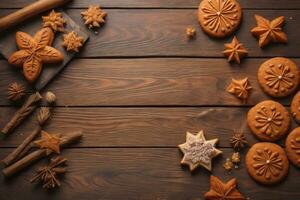 AI generated biscuits chip cookies on wooden background. photo