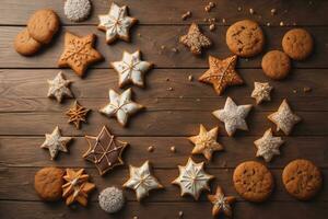 AI generated biscuits chip cookies on wooden background. photo