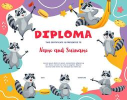 Kids diploma with cartoon funny raccoon characters vector