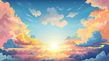 Sky sunset anime background with clouds on horizon vector