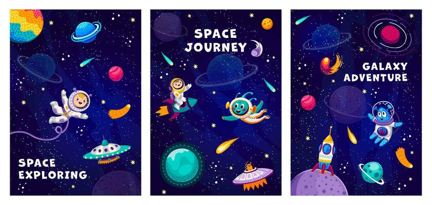 Space posters with funny characters starry galaxy