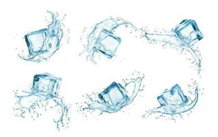 Water wave splashes with ice cubes, 3d vector set