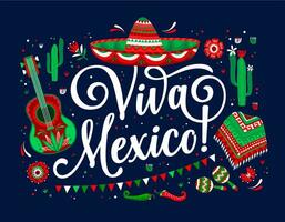 Viva Mexico banner, sombrero hat, mariachi guitar vector