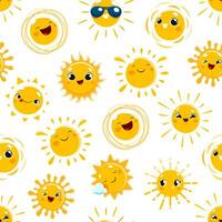 Cartoon funny sun characters seamless pattern vector