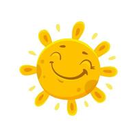 Cartoon cheerful sun character, sunshine emoji vector