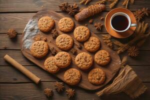 AI generated biscuits chip cookies on wooden background. photo