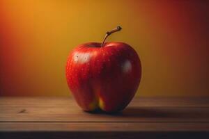 AI generated Red apple on a wooden background.  photo