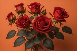 AI generated Red roses with green leaves.  photo