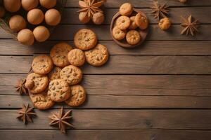 AI generated biscuits chip cookies on wooden background. photo