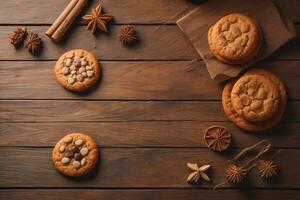 AI generated biscuits chip cookies on wooden background. photo