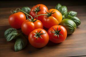 AI generated Tomatoes on a wooden table on a dark background. ai generative photo