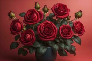 AI generated Red roses with green leaves.  photo