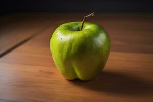 AI generated Green apple on a wooden background.  photo