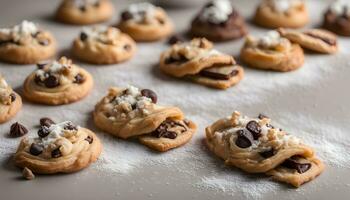 AI generated several cookies with chocolate chips and nuts on a table photo