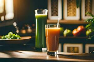 ai generado dos lentes de jugo sentar en un mesa foto