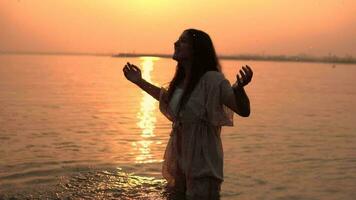 sexy Mädchen mit lange Haar tun schön spritzt Stehen im das Fluss gegen das Hintergrund von das Sonne video