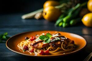 AI generated a plate of pasta with chicken and tomatoes on a dark table photo