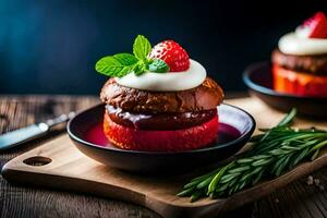 AI generated two cakes with strawberries and cream on a wooden table photo
