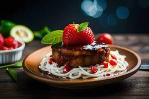 AI generated a plate with spaghetti and strawberries on it photo