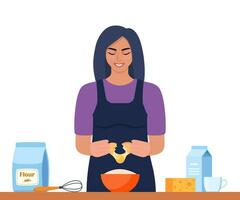 cocina cocinando. mujer cocineros un tortilla para desayuno. sonriente niña en el cocina. plano vector ilustración.