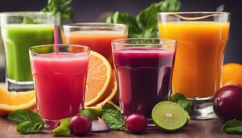 AI generated fresh juice with fruits and vegetables on wooden table photo